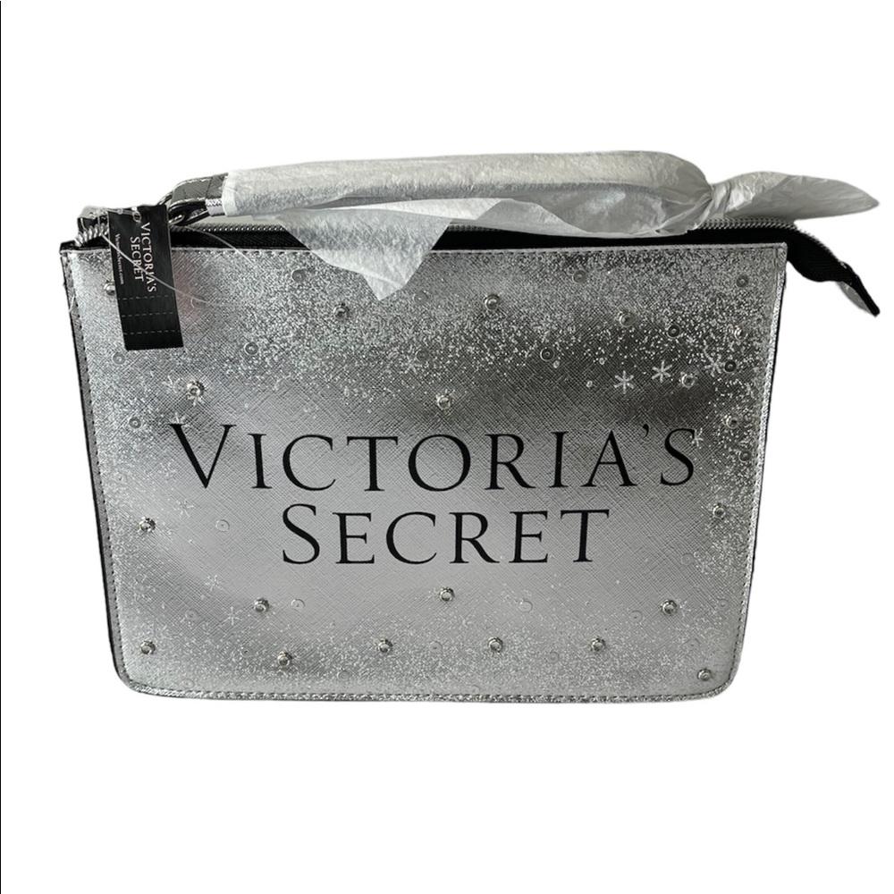Victoria's Secret Silver Metallic Studded Snowflakes Make Up Cosmetic Bag